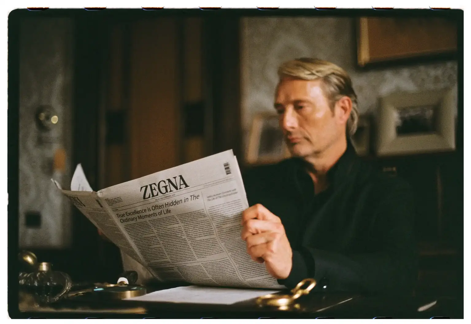 A frame of Mads Mikkelsen starring in the film directed by Roman Coppola for Zegna’s “Memorie” fragrance collection. A frame of Mads Mikkelsen starring in the film directed by Roman Coppola for Zegna’s “Memorie” fragrance collection.