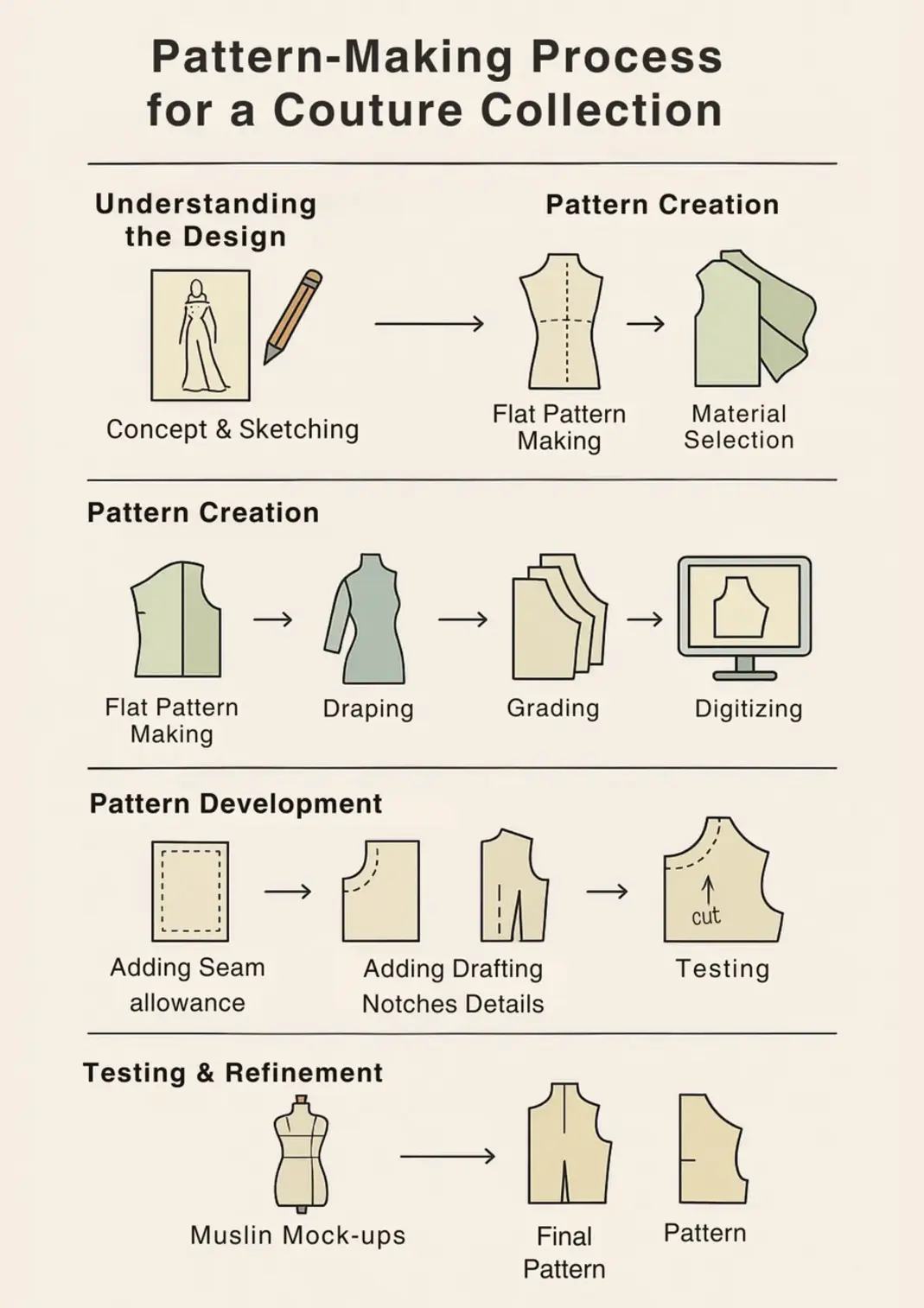 Translating design sketches into three-dimensional garments by creating the necessary patterns for a collection