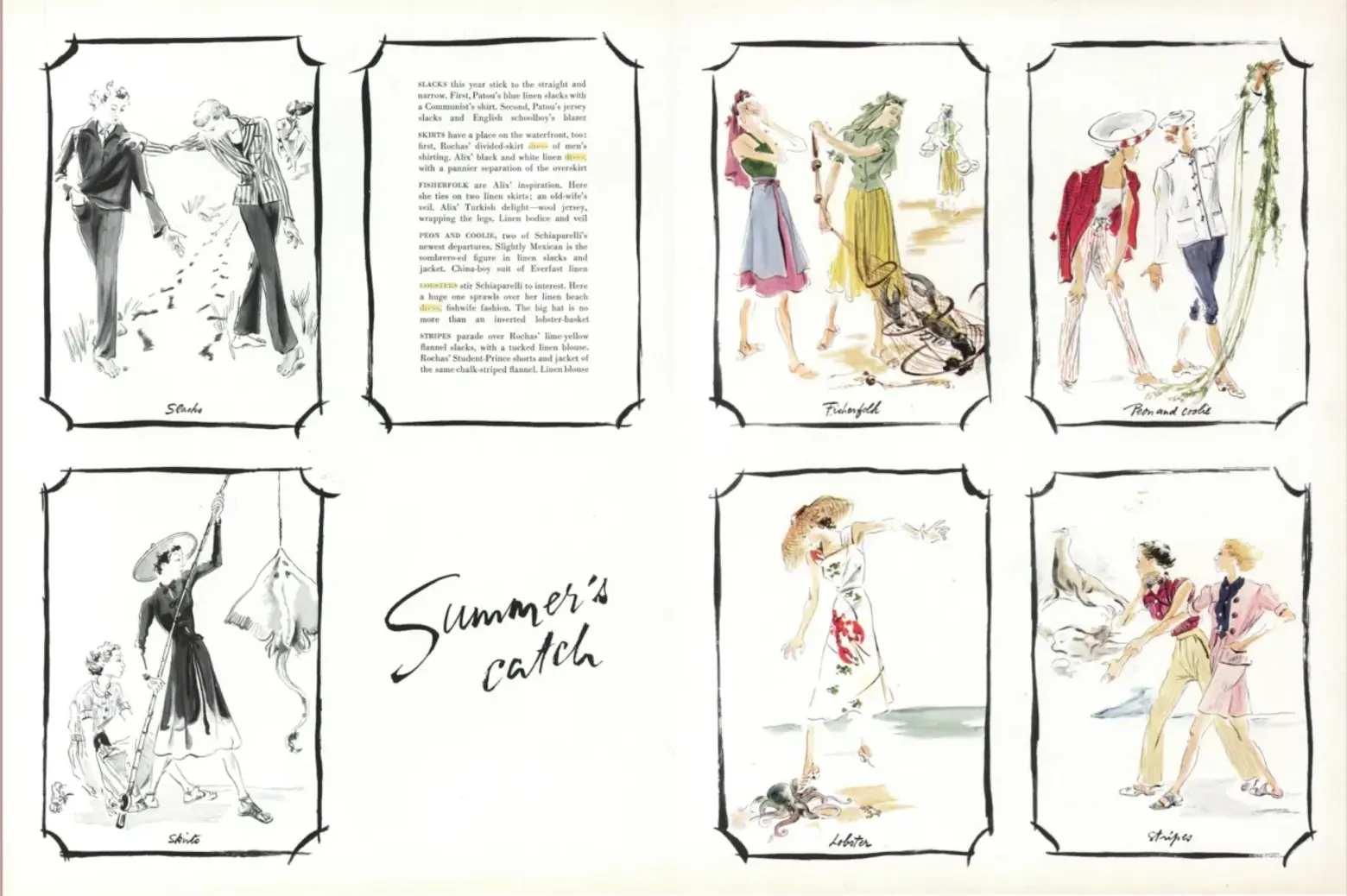 The Vogue magazine feature, "Fashion: Summer's Catch," (1937) showcased the work of Elsa Schiaparelli (1890-1973)