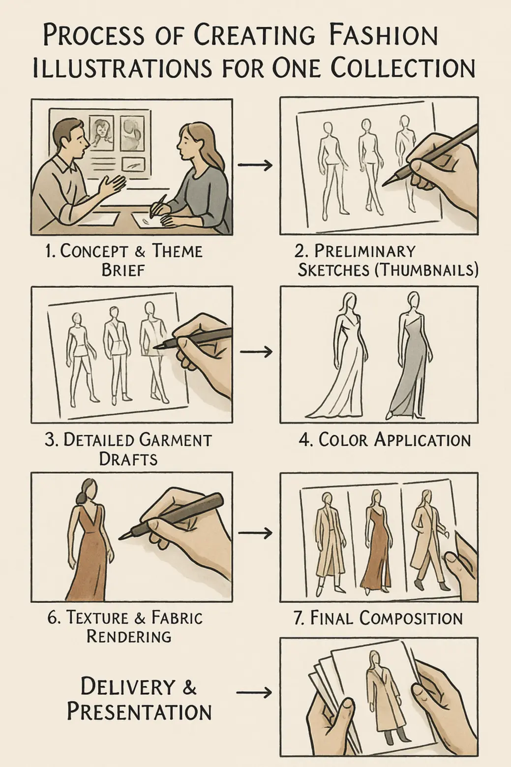 The design process, from initial illustration and sketching to creating a final collection