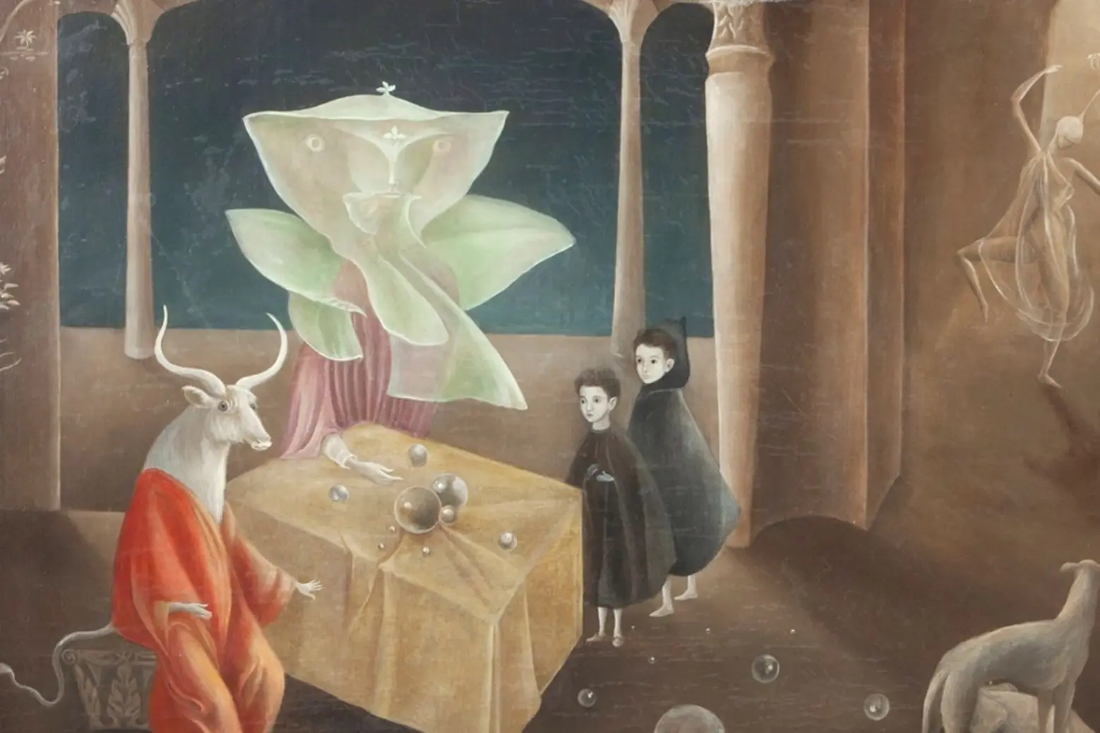 And Then We Saw the Daughter of the Minotaur (1953) The title of the work suggests a story in progress. Two boys (likely representing Carrington’s two sons) are gazing not at this inscrutable, alien being but directly at the white, horned figure with dainty human hands and bovine hooves Leonora Carrington Daughter of the Minotaur (1953)