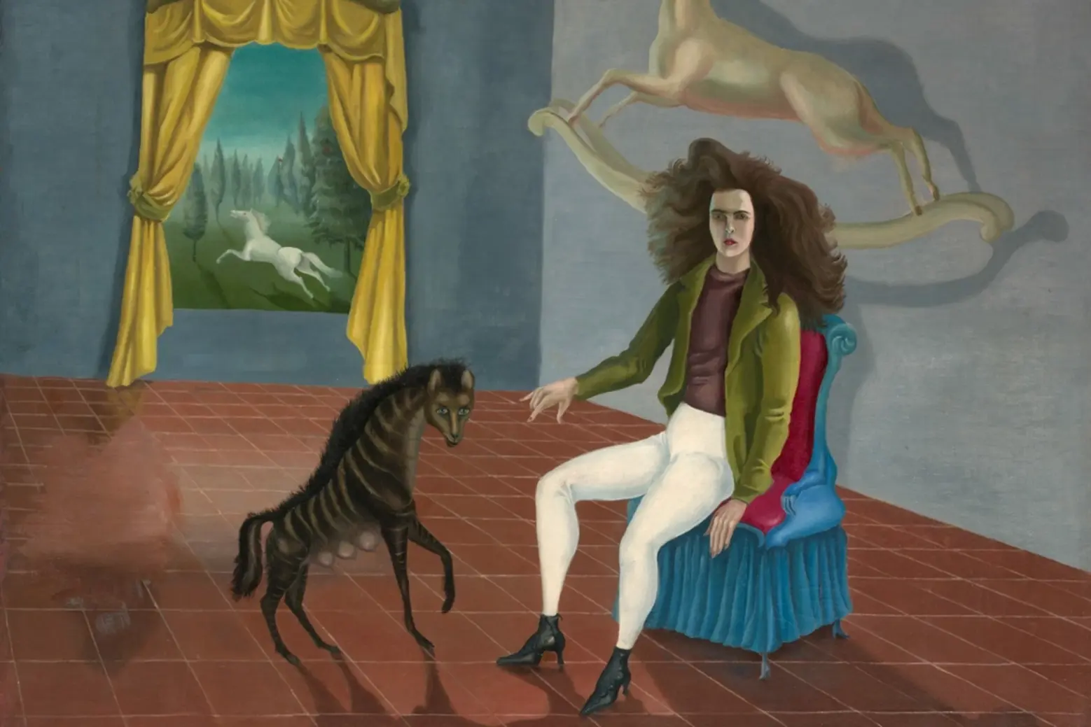 Self-Portrait (1937-38) Sporting white jodhpurs and a wild mane of hair, Carrington is perched on the edge of a chair in this curious, dreamlike scene, with her hand outstretched toward the prancing hyena and her back to the tailless rocking horse flying behind her Leonora Carrington Surrealism Self-Portrait (1937-38)