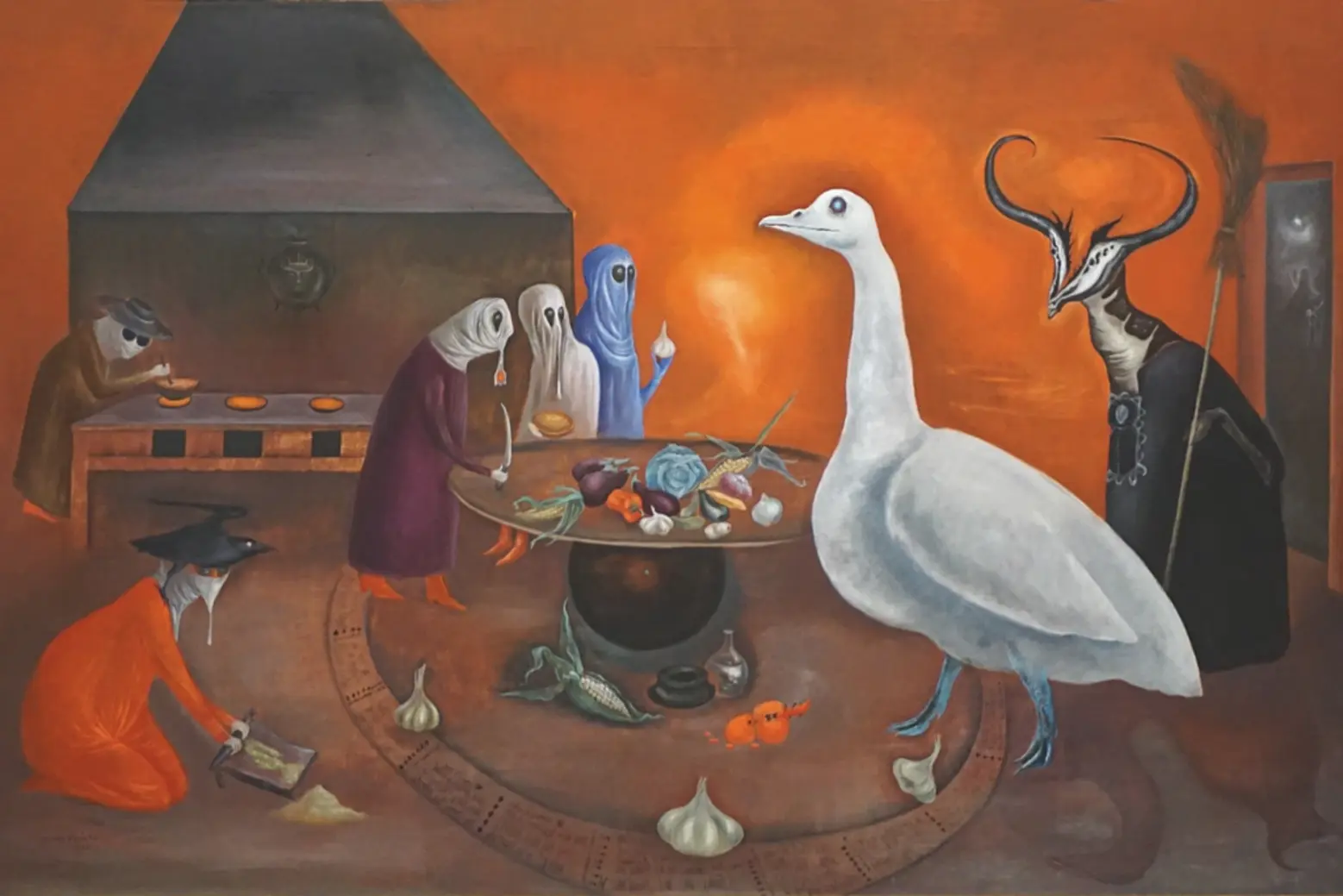 Grandmother Moorhead’s Aromatic Kitchen (1974) The kitchen, traditionally associated with female constraint, becomes a space of power and transformation. Here, women reclaim their knowledge through alchemy, magic, and witchcraft Leonora Carrington Surrealism Grandmother Moorhead’s Aromatic Kitchen (1974)