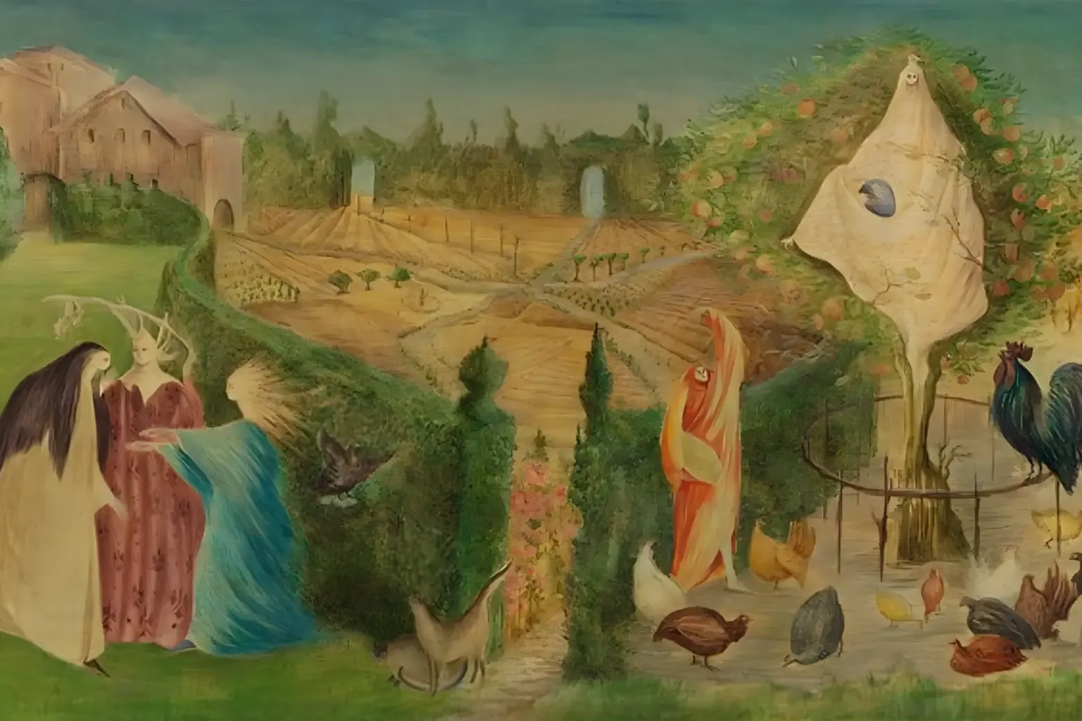 The Kitchen Garden on the Eyot (1946) Carrington painted this piece during her pregnancy, the three women on the left may represent the 'Three Witches': Carrington-Varo-Horna Leonora Carrington Surrealism The Kitchen Garden on the Eyot (1946)