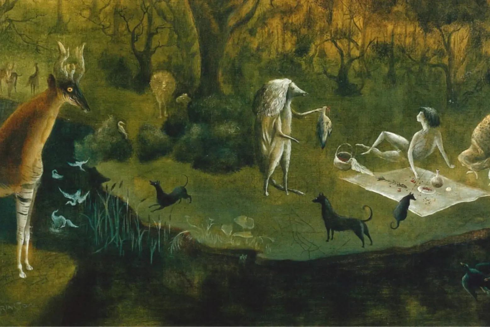 Pastoral (1950) A grotesque picnic where a nongendered ghostly figure is being offered an opossum-like animal by a human-sized, pointy-snouted creature. Other strange, yet oddly familiar animals scamper and fly about Leonora Carrington Surrealism