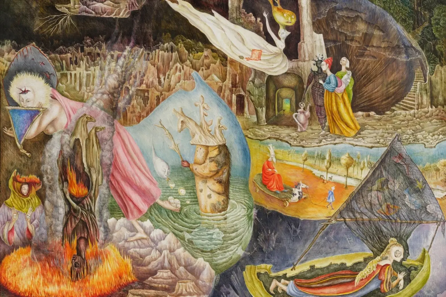 Les Distractions de Dagobert (1945) reflects Carrington's interest in mythological themes and dream-like narratives, presenting a whimsical world where the boundaries between the real and the imaginary are blurred, showcases her characteristic blend of fantasy and folklore Leonora Carrington Surrealism Les Distractions de Dagobert (1945)