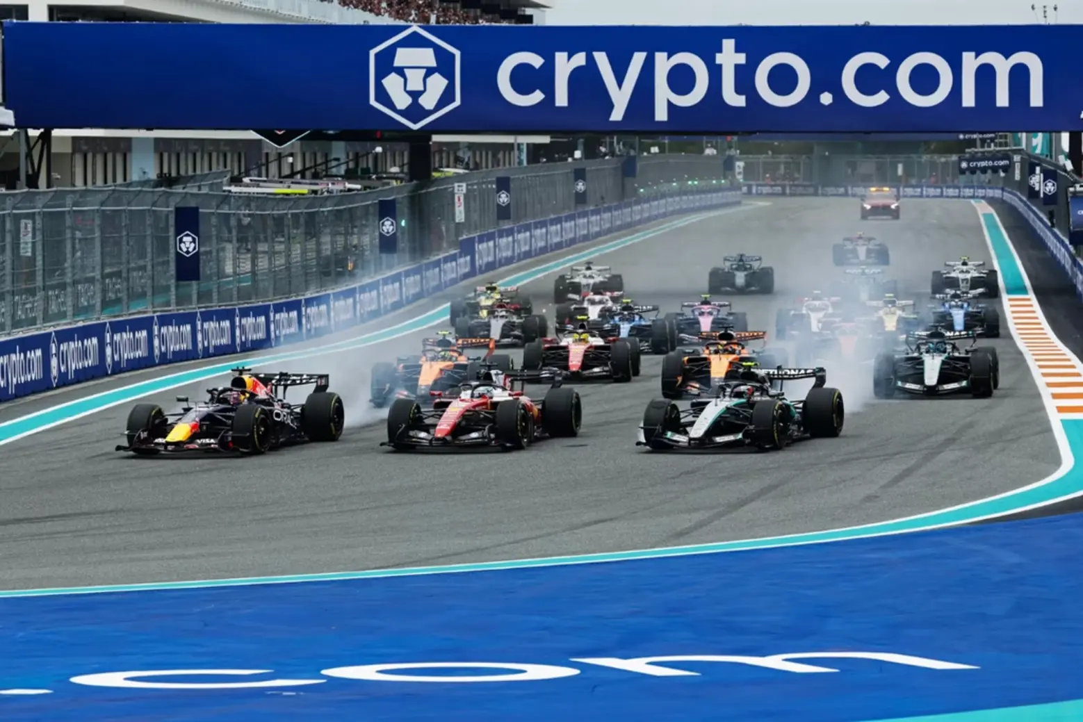 Max Verstappen of the Netherlands driving the Oracle Red Bull Racing RB22 Red Bull Ford, Charles Leclerc of Monaco driving the Scuderia Ferrari SF-26 and Andrea Kimi Antonelli of Italy driving the Mercedes AMG Petronas F1 Team W17 lead the field at the start during the F1 Miami Grand Prix F1 Miami Grand Prix cultural events