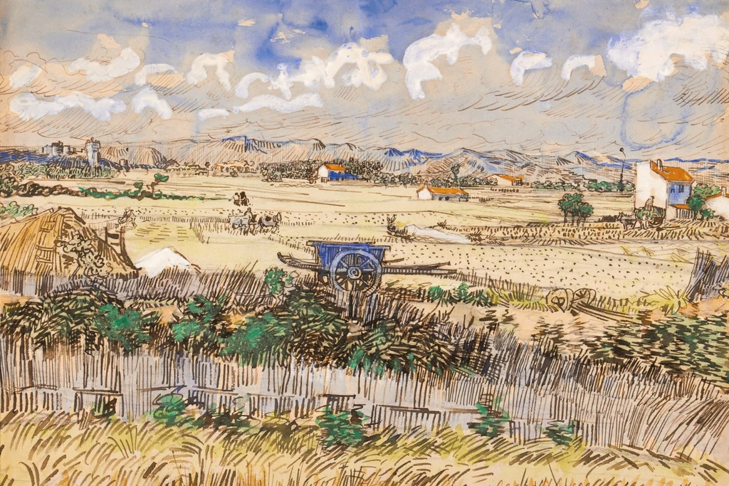 La Moisson en Provence (June, 1888), watercolor gouache, charcoal and reed pen on paper, 48.7 × 61.2 cm (19.2 × 24.1 inches) depicts the The harvested fields of La Crau, with the Montmajour hill in the background and a blue cart in the foreground Van Gogh