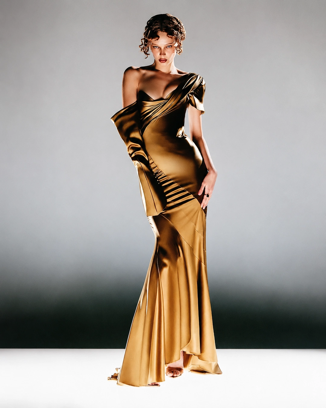 Belik Gold Satin Evening Gown curved line end