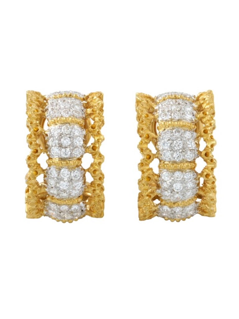 Buccelati Gold, White Gold and Diamond Hoop Earclips, features modellato engraving technique Buccellati