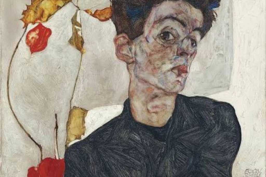 Self-Portrait with Chinese Lantern Plant, 1912, oil and opaque color on wood painting Expressionism
