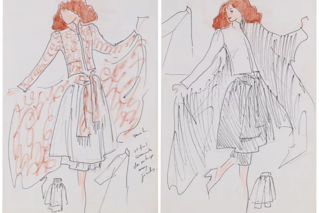 Lot 82, two original sketches for fashion made at the end of the 1970s Karl Lagerfeld’s sketches auction