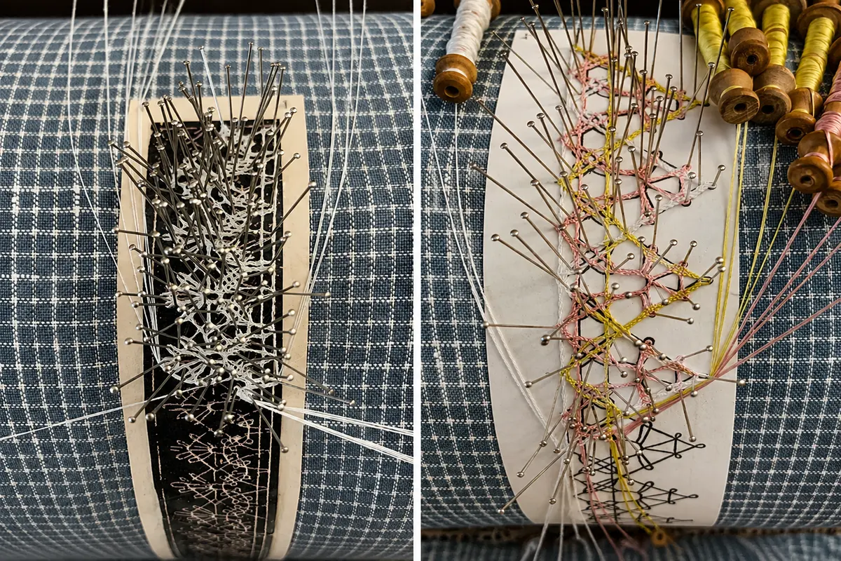 Intricate Bobbin Lace in progress lace fabric 2