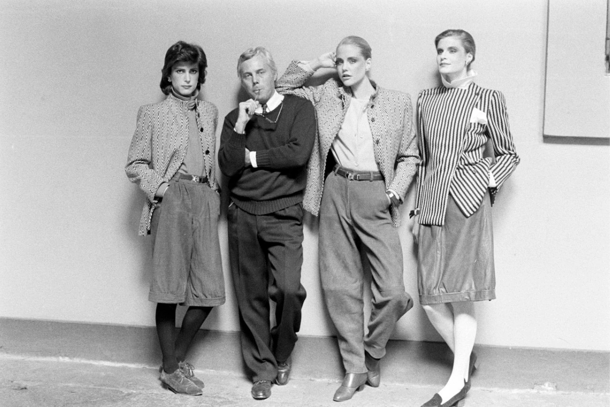 Giorgio Armani with models in his 1980s collection Giorgio Armani