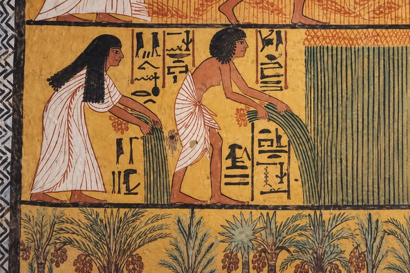 Dating to the Ramesside Period (19th Dynasty, c. 1200 BCE), this ancient Egyptian wall painting from the tomb of the craftsman Sennedjem at Deir el-Medina features profile figures in traditional white linen garments From Prehistoric Flax to Modern Linen Fabric