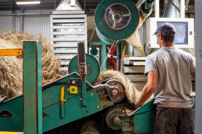 Mechanical scutching machine that separates and extracts natural plant fibers from raw straw How Is Linen Fabric Made? 3