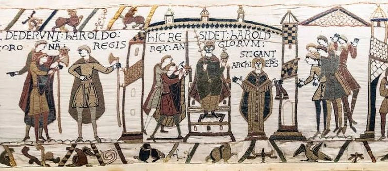 A section of the Bayeux Tapestry, an embroidered cloth created in the 1070s in England using woolen yarn on a linen backing From Prehistoric Flax to Modern Linen Fabric 4