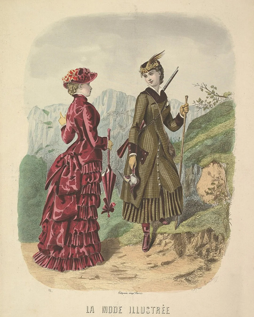 A Lady in a Hunting Costume with a Lady in Walking Costume on a Mountain Path, 1881 tweed fabric 3