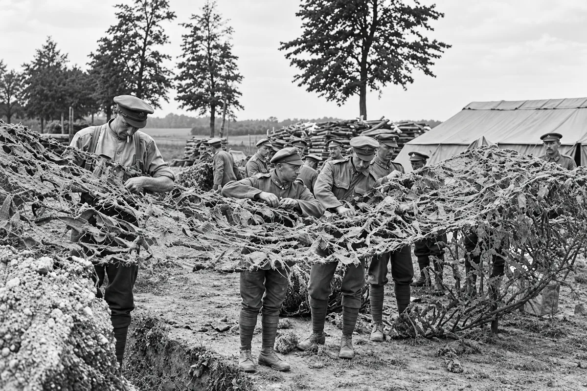 WWI soldiers handling camouflage netting on the Western Front camouflage fabric a