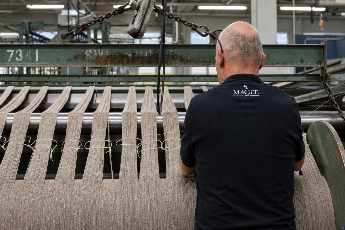 Warp yarns are prepared and tensioned before weaving herringbone fabric 1