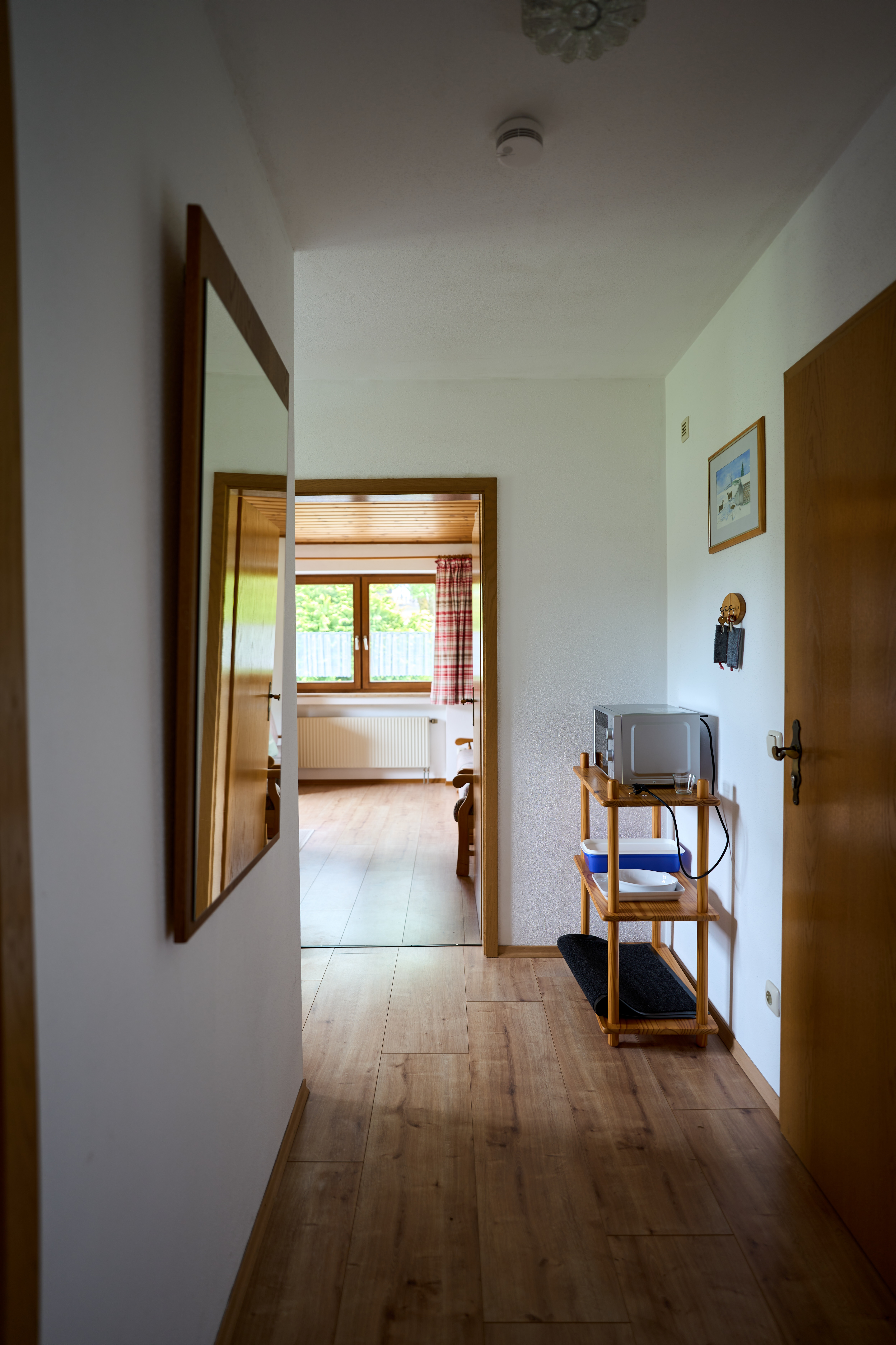 Flur mit Holzboden, Spiegel an der linken Wand und Mikrowelle auf einem Holzregal rechts, Blick in einen Raum mit großen Fenstern und karierten Vorhängen.