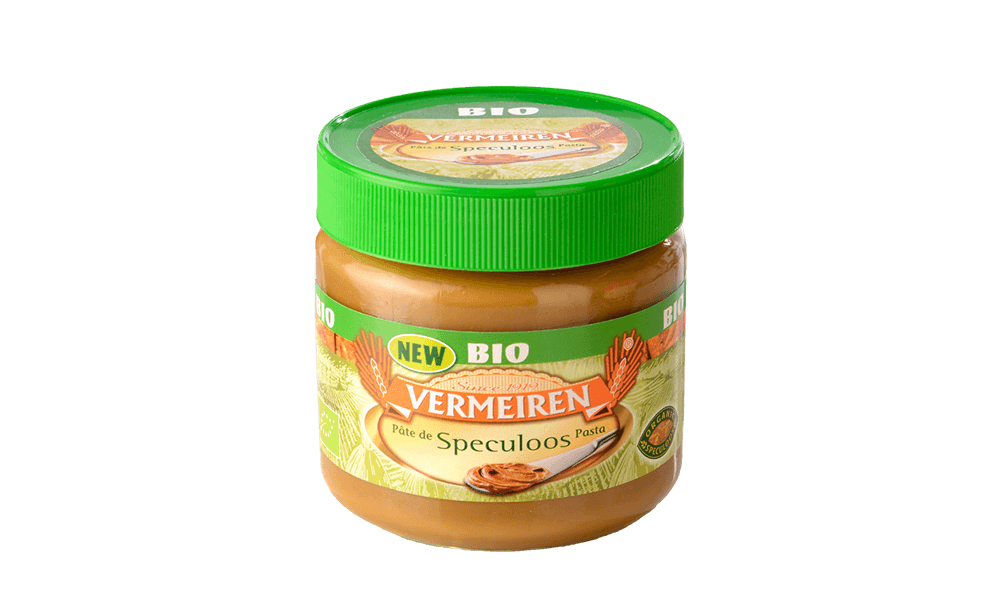 Glazen pot Vermeiren Biologische Speculoospasta met groen label en deksel.