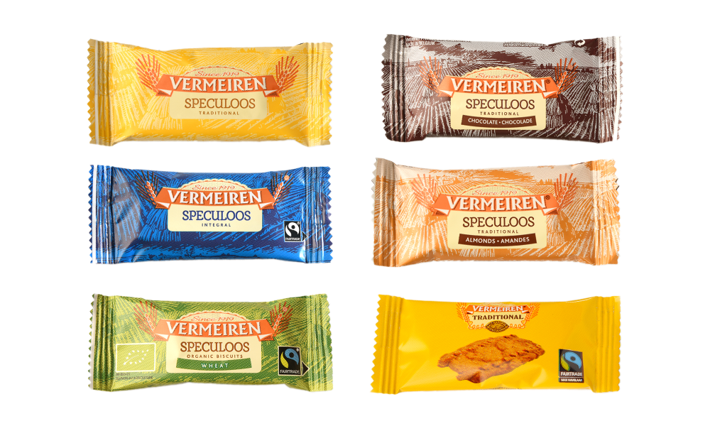 De zes smaken Vermeiren Speculoos in diverse verpakkingen.