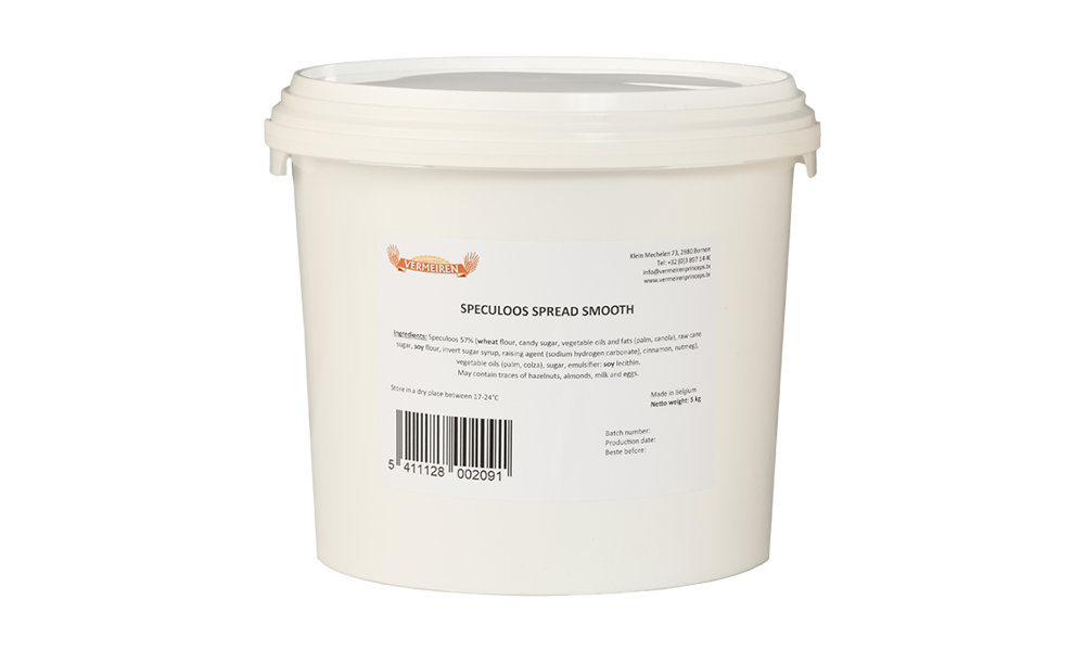 Plastic pot gevuld met Vermeiren Speculoospasta, industriëel formaat.