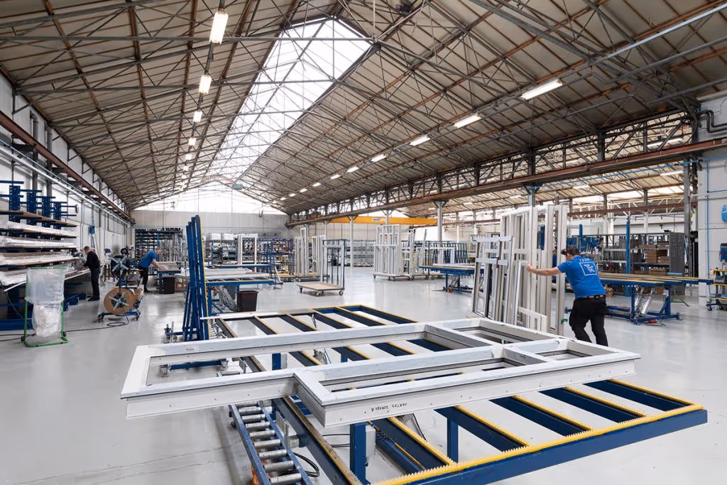 Moderne fabriekshal met hoge plafonds waar werknemers aan grote ramenframes werken.