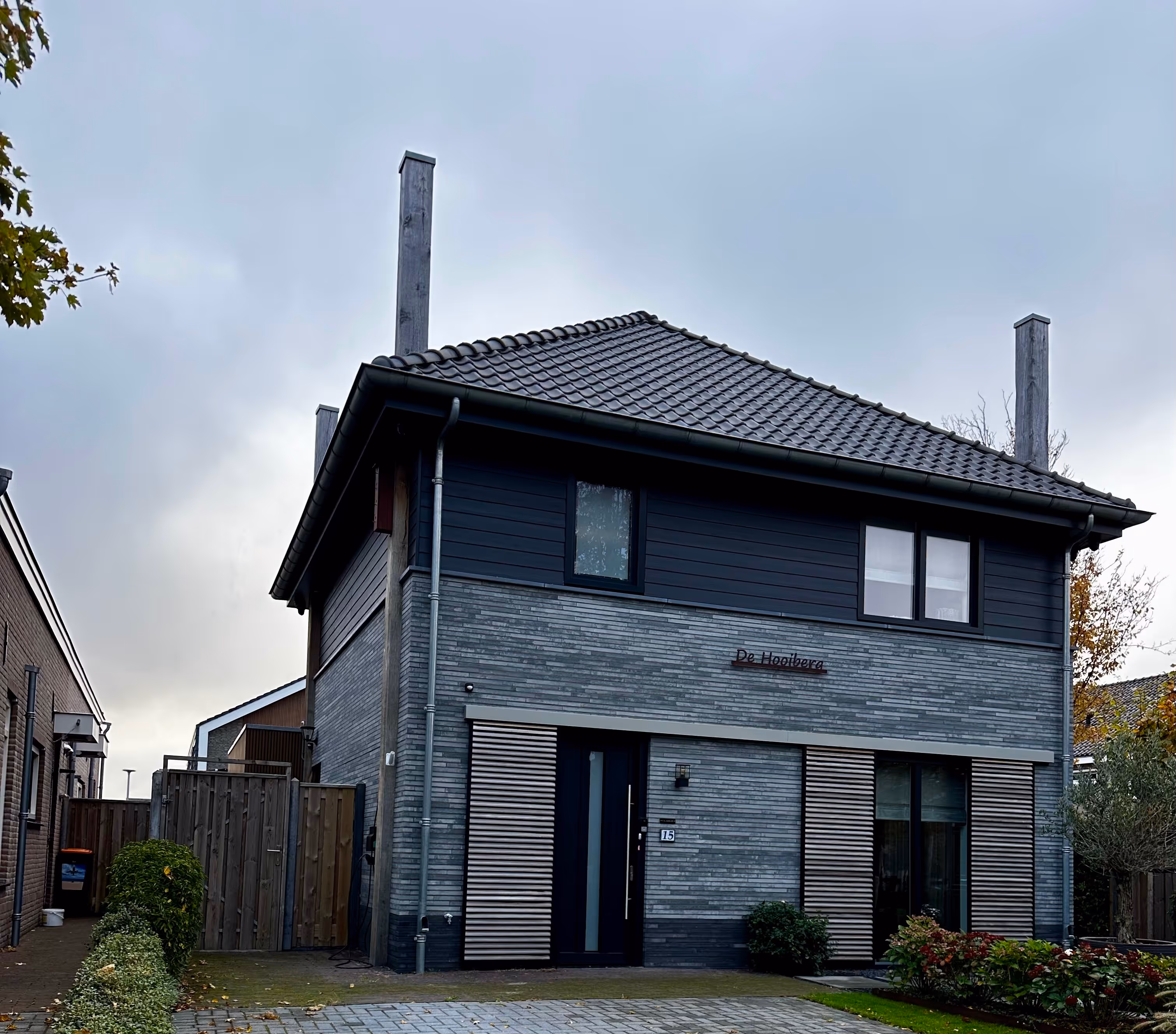 Modern twee-onder-een-kapwoning met blauwe steen en dakpannen onder een bewolkte hemel.