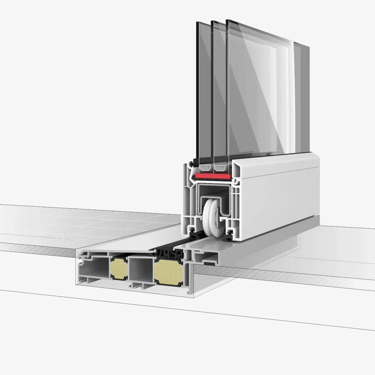 Doorsnede van een schuifdeurprofiel met driedubbel glas en geïntegreerde wielen.