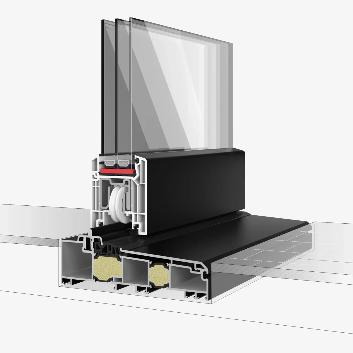 Doorsnede van een zwarte aluminium dorpel met isolatie, afdichting en driedubbel glas.