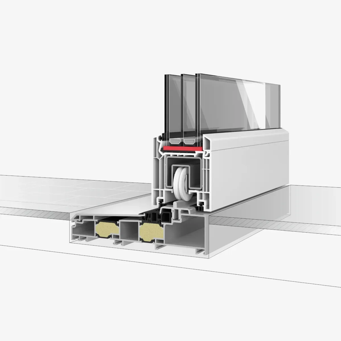 Doorsnede van een witte schuifdeurprofiel met driedubbel glas en wieltje, geplaatst op een aluminium onderdorpel.