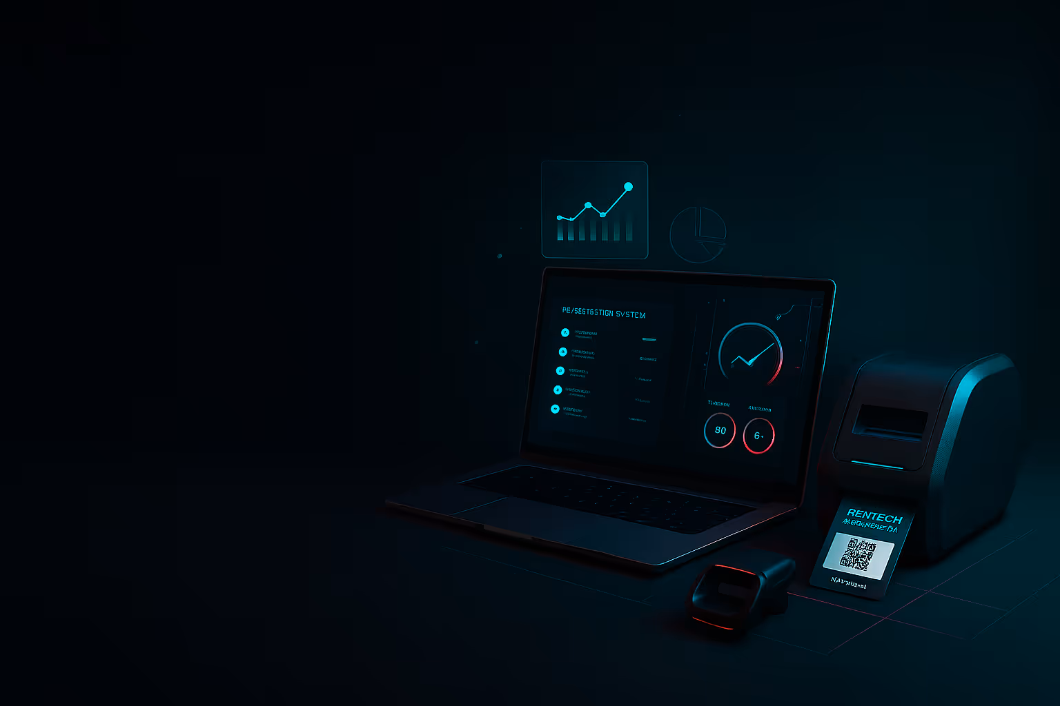 Event technology setup with laptop showing analytics dashboard and QR code scanner