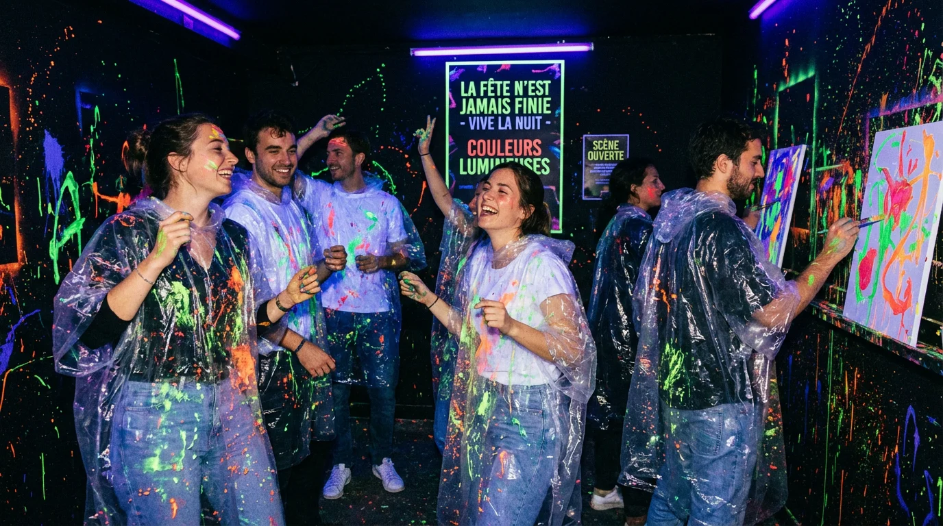 Groupe d'amis en ponchos transparents projetant de la peinture fluorescente dans un atelier sous lumière noire à Paris