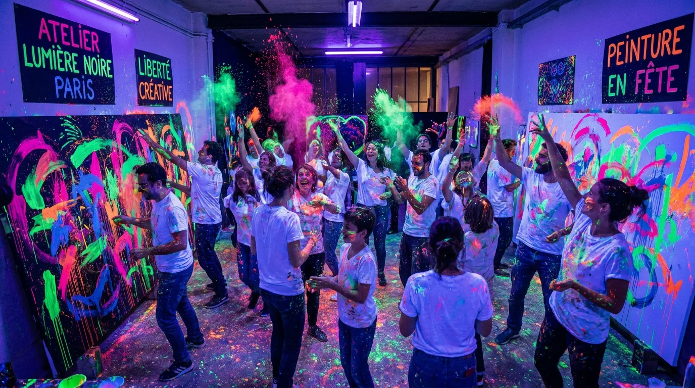 Atelier immersif de peinture dans le noir à Paris avec peintures fluorescentes sous lumière UV