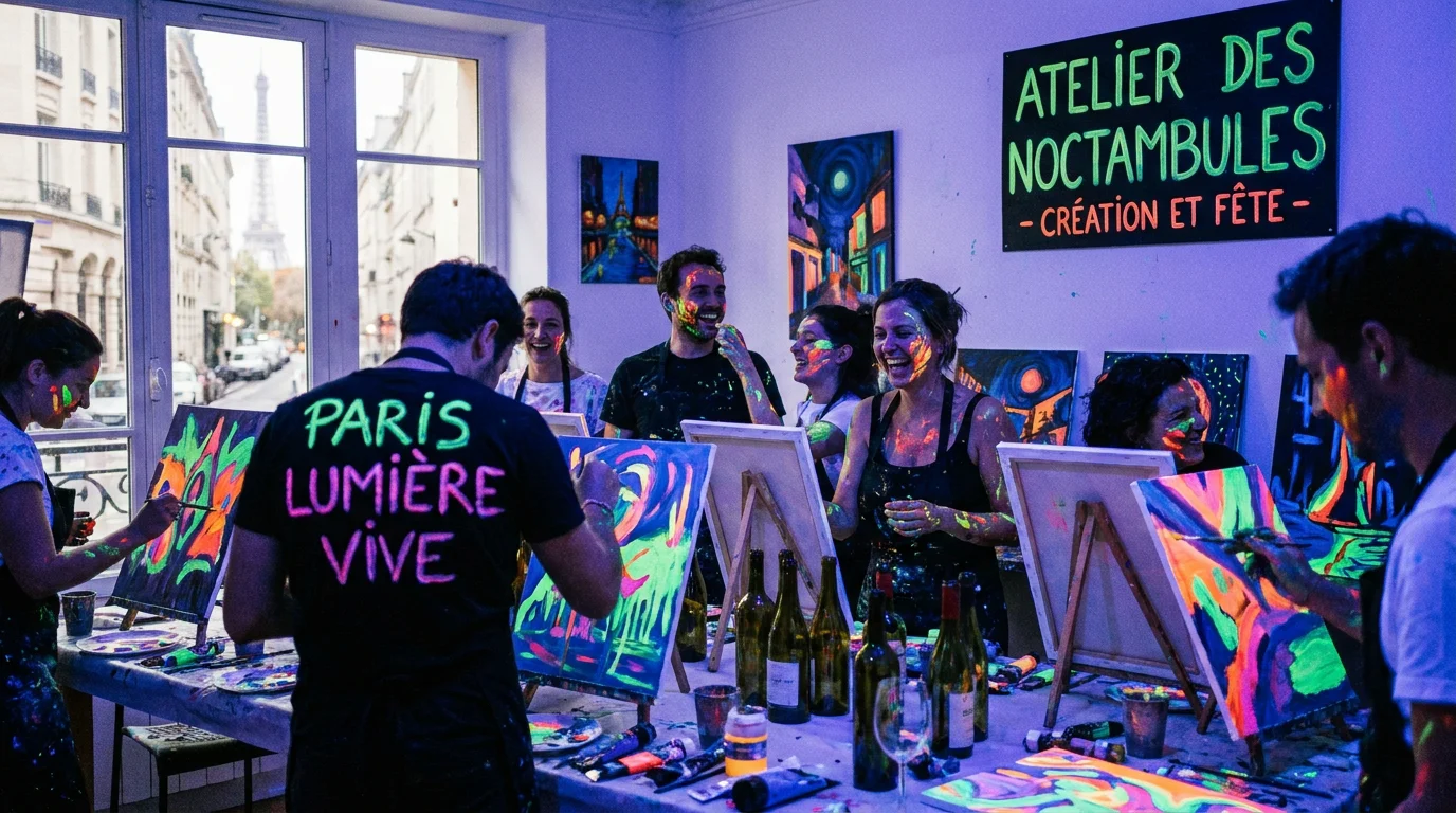 Atelier de peinture dans le noir sous lumière UV à Paris avec peintures fluorescentes