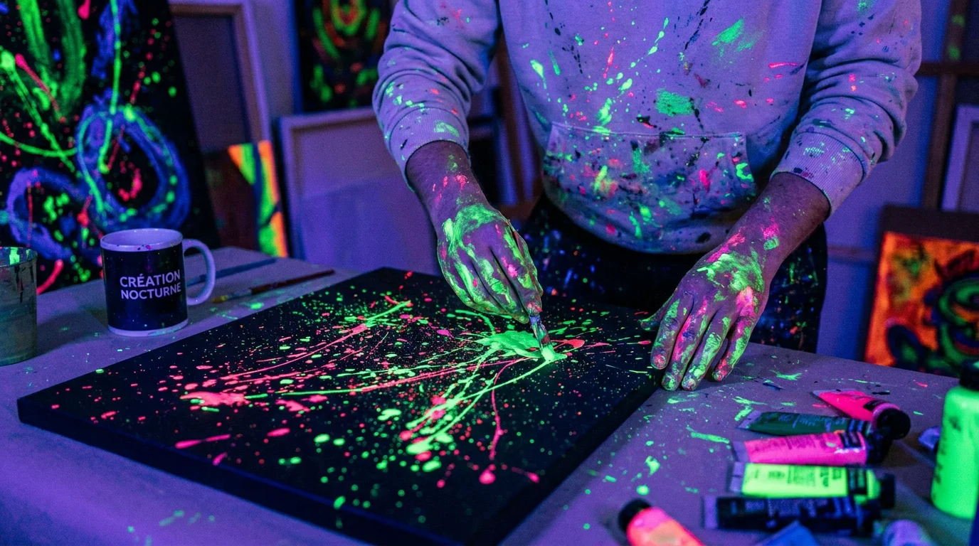 Mains peignant avec des couleurs fluorescentes sur toile noire sous lumière ultraviolette