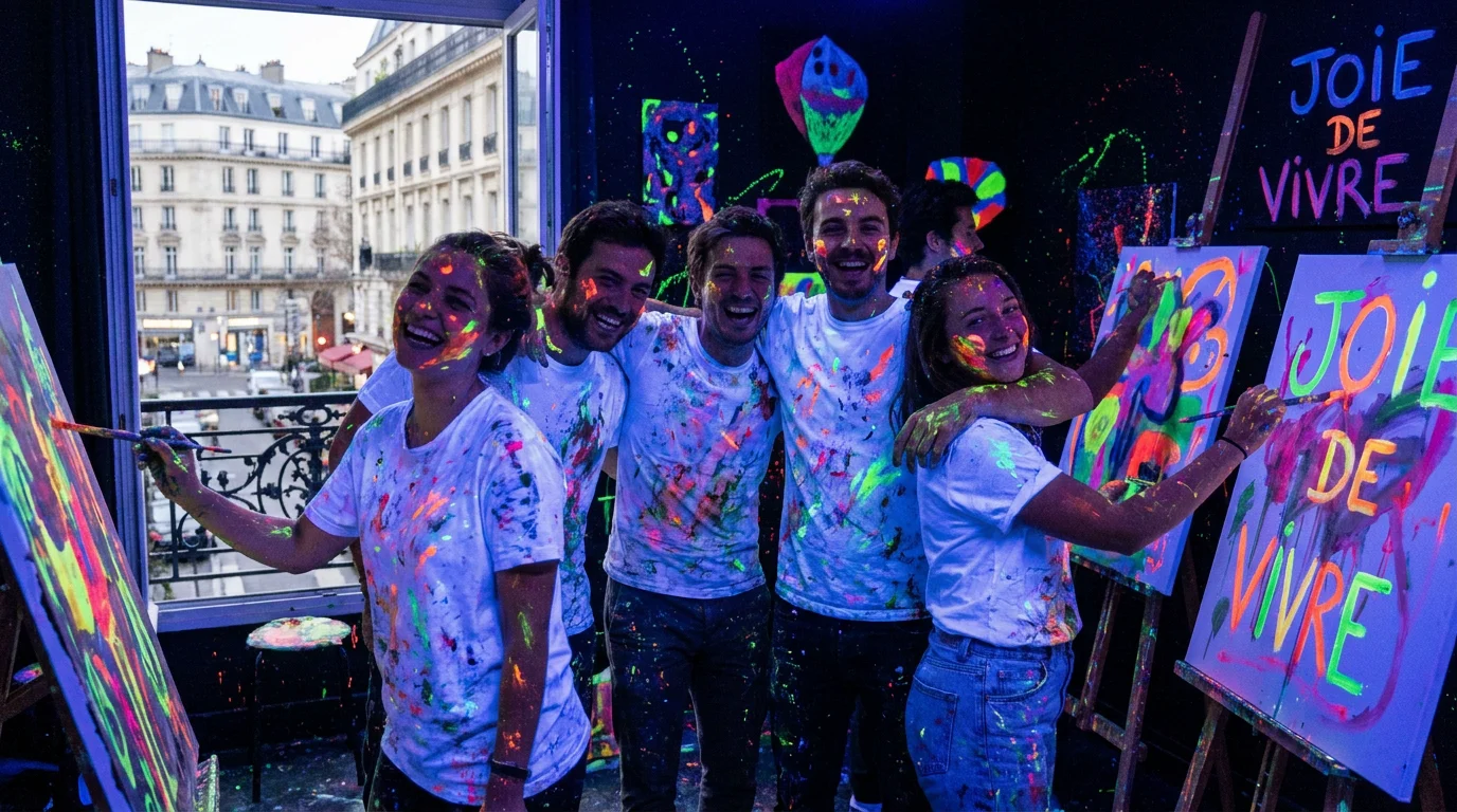 Atelier immersif de peinture glow in the dark sous lumière UV à Paris