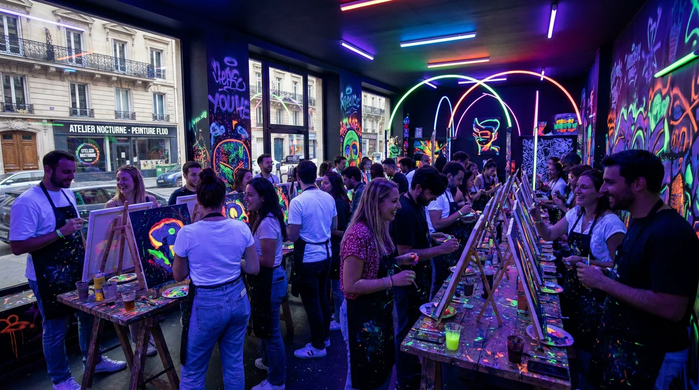 Atelier immersif de peinture dans le noir sous lumières UV à Paris