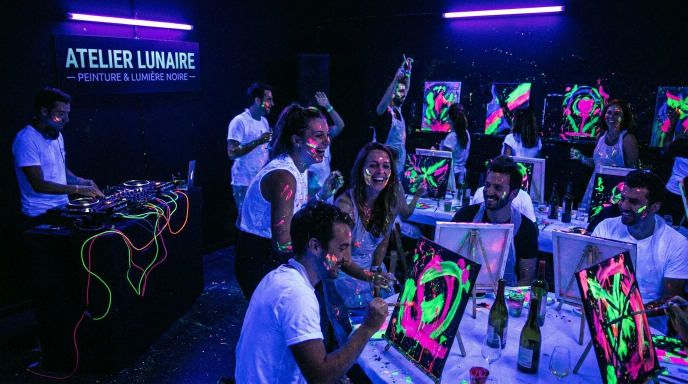 Atelier de peinture dans le noir sous lumières UV avec peintures fluorescentes à Paris