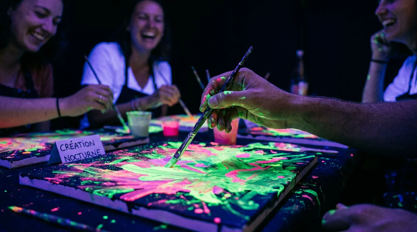 Mains peignant avec de la peinture fluorescente sous lumière UV dans un atelier à Paris