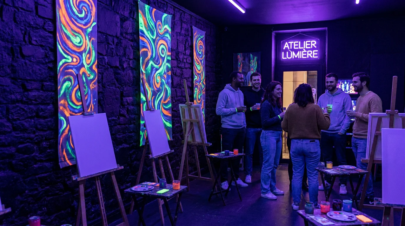 Espace immersif de peinture fluorescente sous lumière noire à Paris prêt pour un atelier