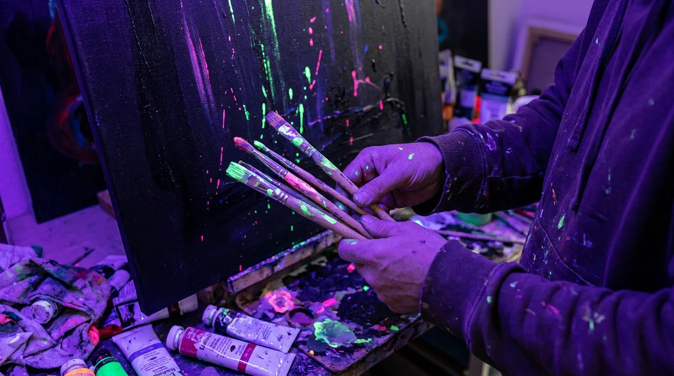 Mains tenant des pinceaux fluorescents sous lumière noire lors d'un atelier de peinture fluo à Paris