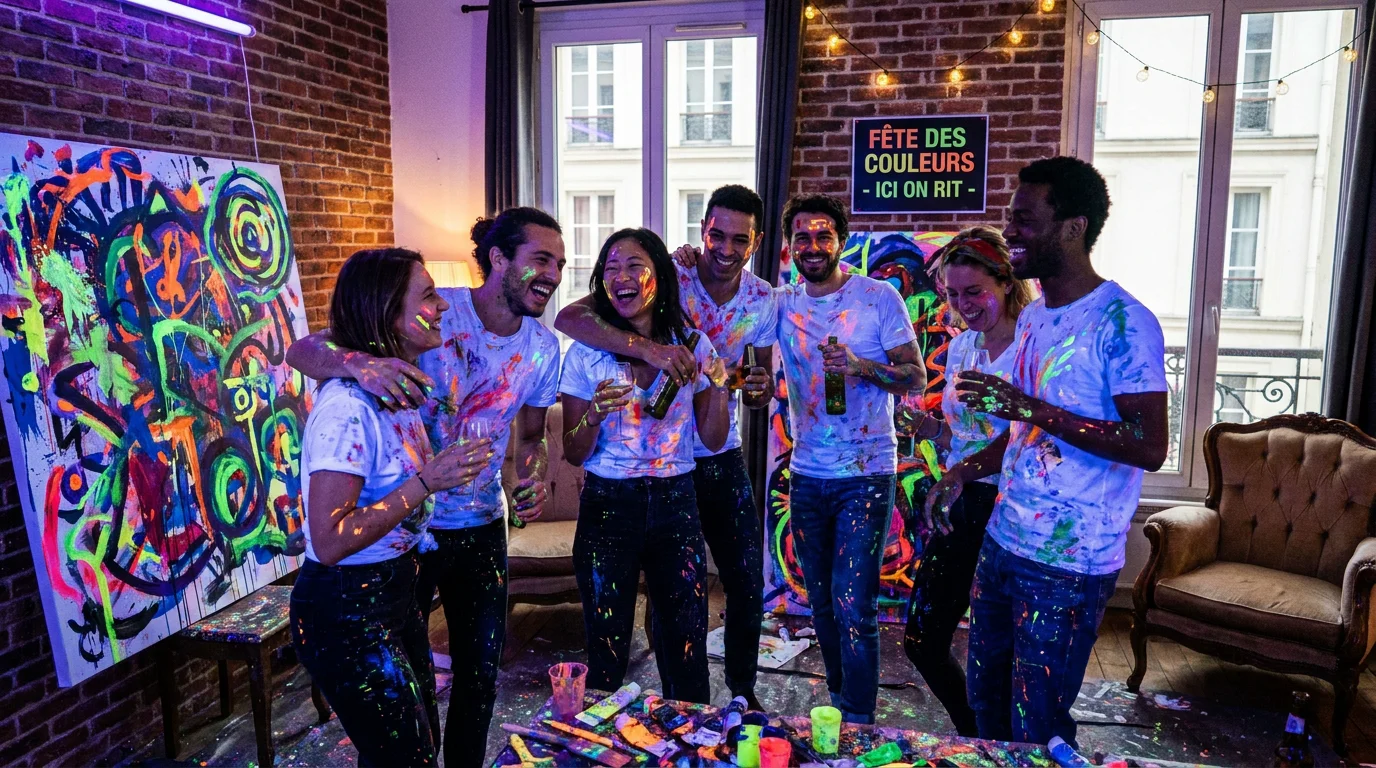 Groupe d'amis européens lors d'un atelier de peinture fluo dans le noir à Paris ambiance festive