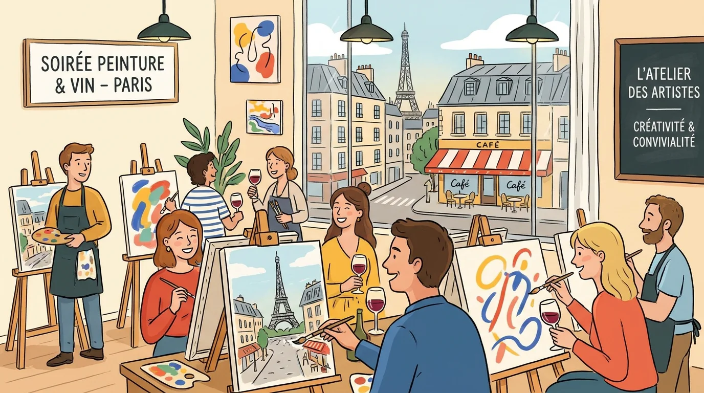 Illustration d'une soirée peinture et boisson conviviale à Paris