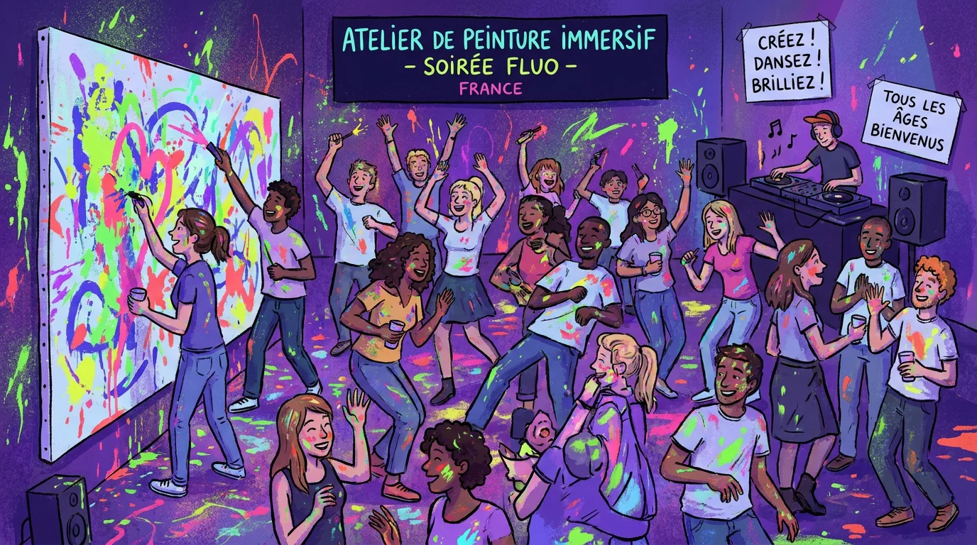 Illustration d'un atelier de peinture immersif sous lumière noire à Paris