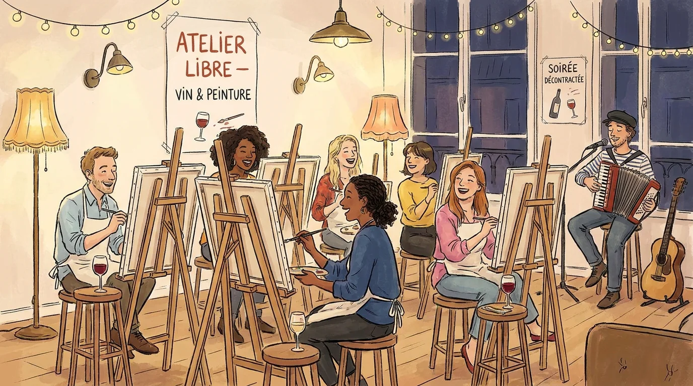 Illustration d'un atelier de peinture et boisson convivial à Paris