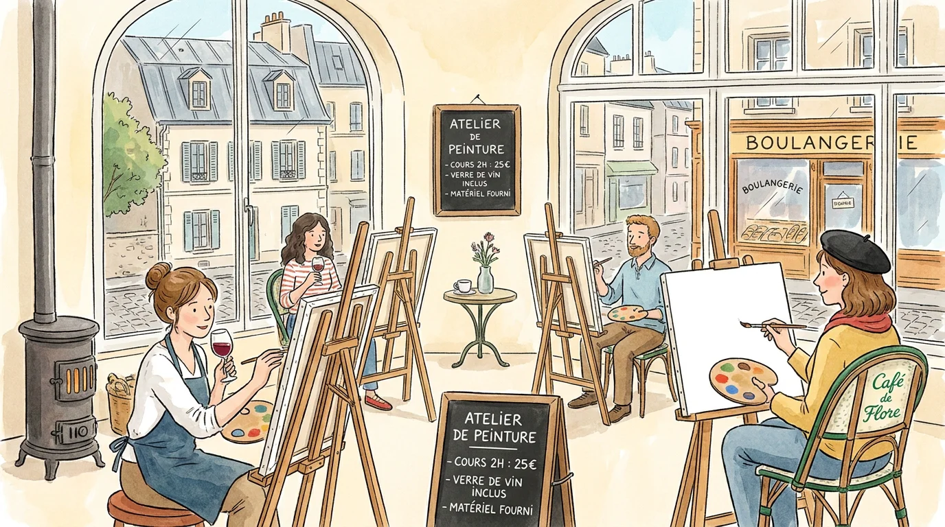 Illustration montrant le tarif et l'ambiance d'un atelier d'apéro peinture à Paris