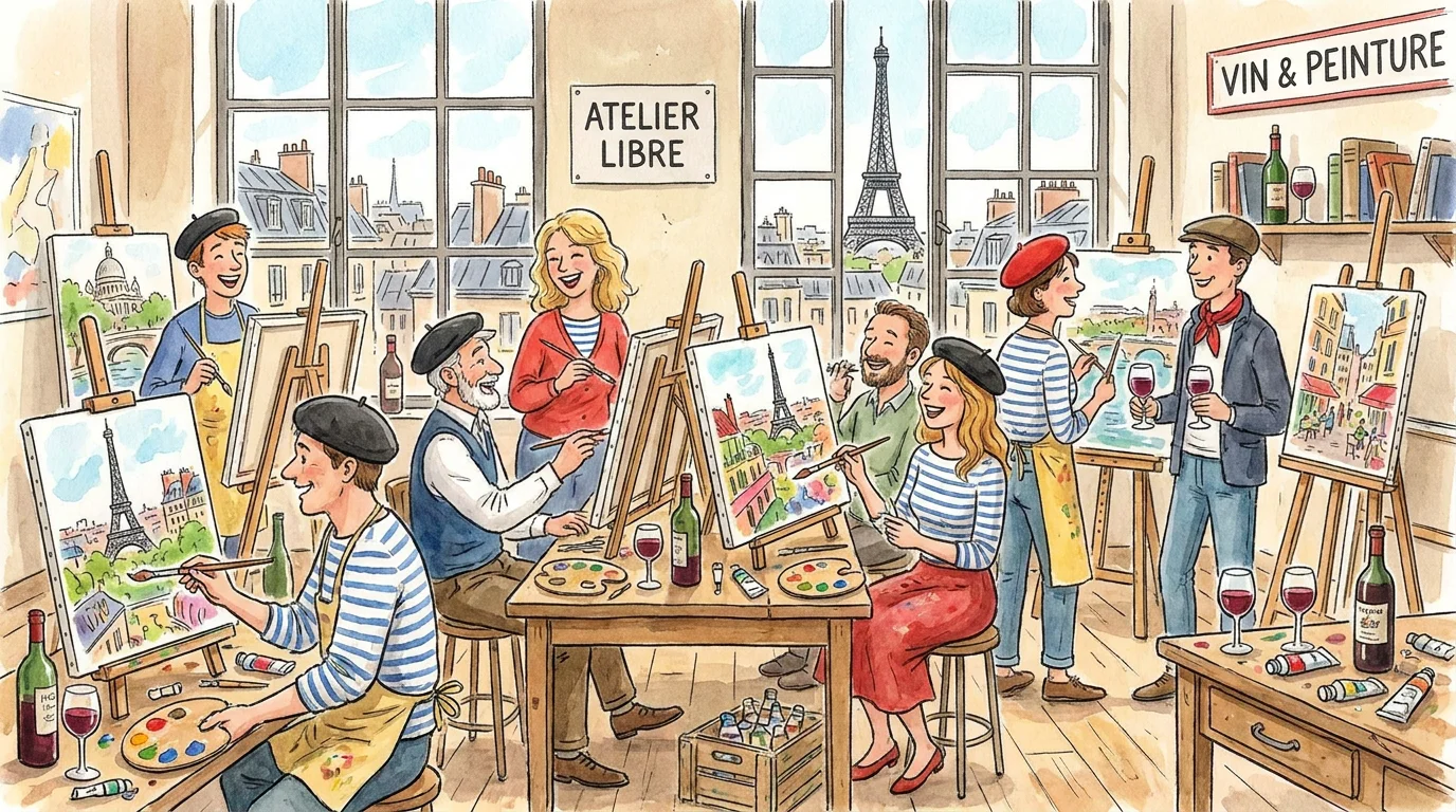 Illustration d'un apéro peinture convivial à Paris avec un groupe d'amis autour de chevalets